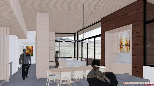 a room with furniture a chandelier and large window