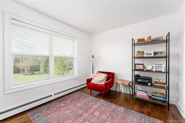a living room with furniture a rug and a window