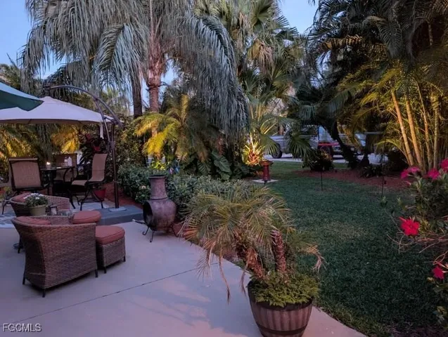 a view of a patio with couches and potted plants