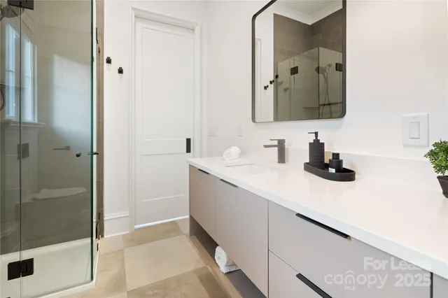 a bathroom with a double vanity sink mirror and shower