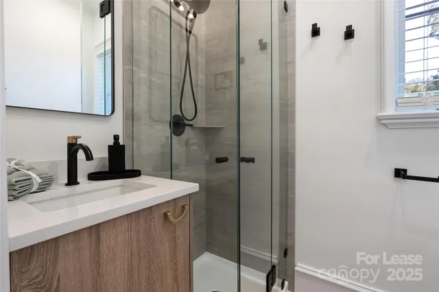a bathroom with a sink a mirror and a shower