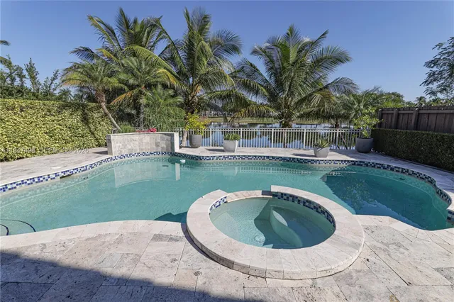 a view of a swimming pool with a yard