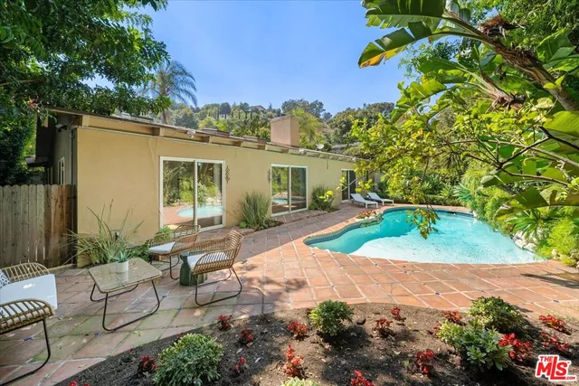 a view of a backyard with couches plants and large tree