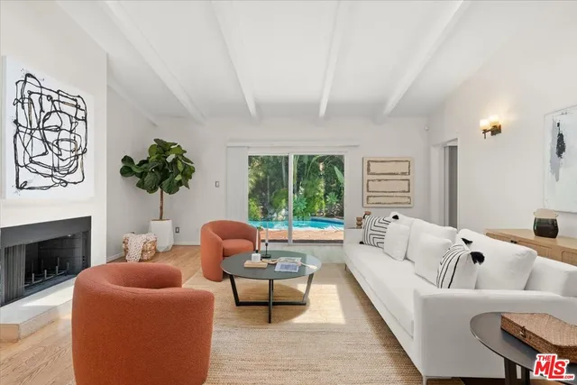 a living room with furniture potted plant and a fireplace