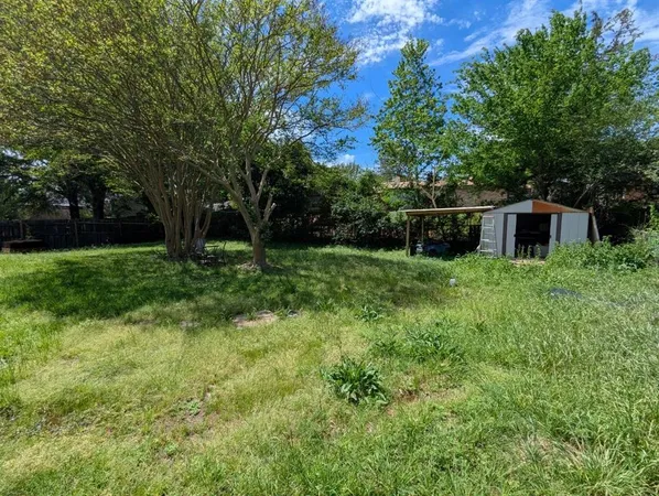 a backyard of a house with lots of plants and large tree