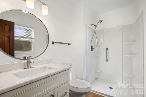 a bathroom with a granite countertop sink a toilet and shower