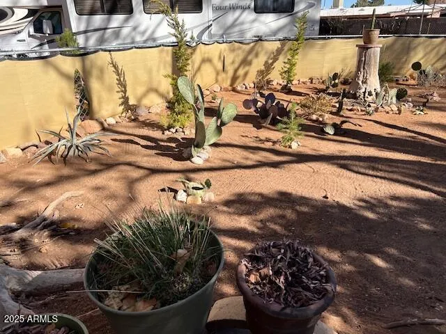 a view of a fountain in the middle of a yard