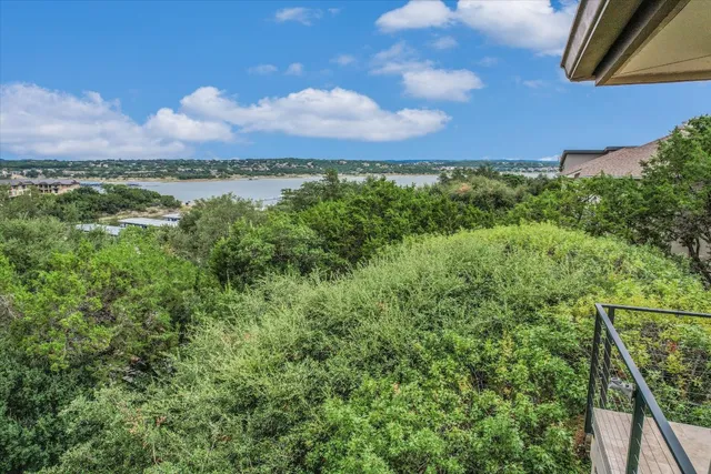 a view of a city with lush green yard
