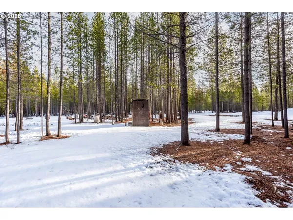 a view of wooden house with a yard covered with snow in the background