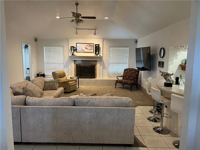 a living room with furniture and a fireplace