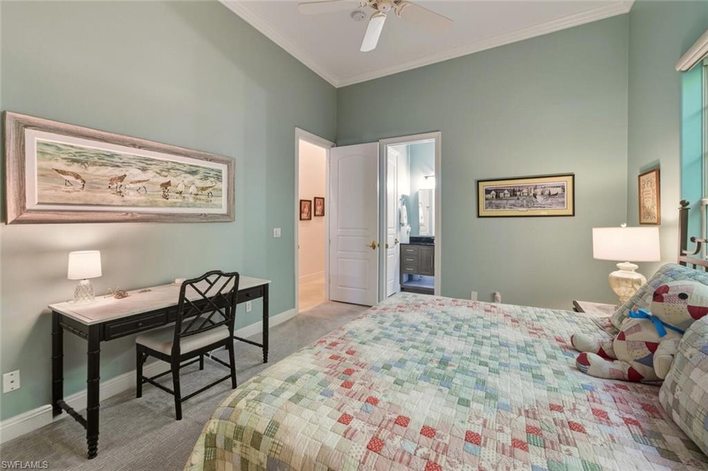 396 Terracina Way Naples, FL 34119 - Photo 43 of 50 Bedroom with light colored carpet, ornamental molding, and ceiling fan