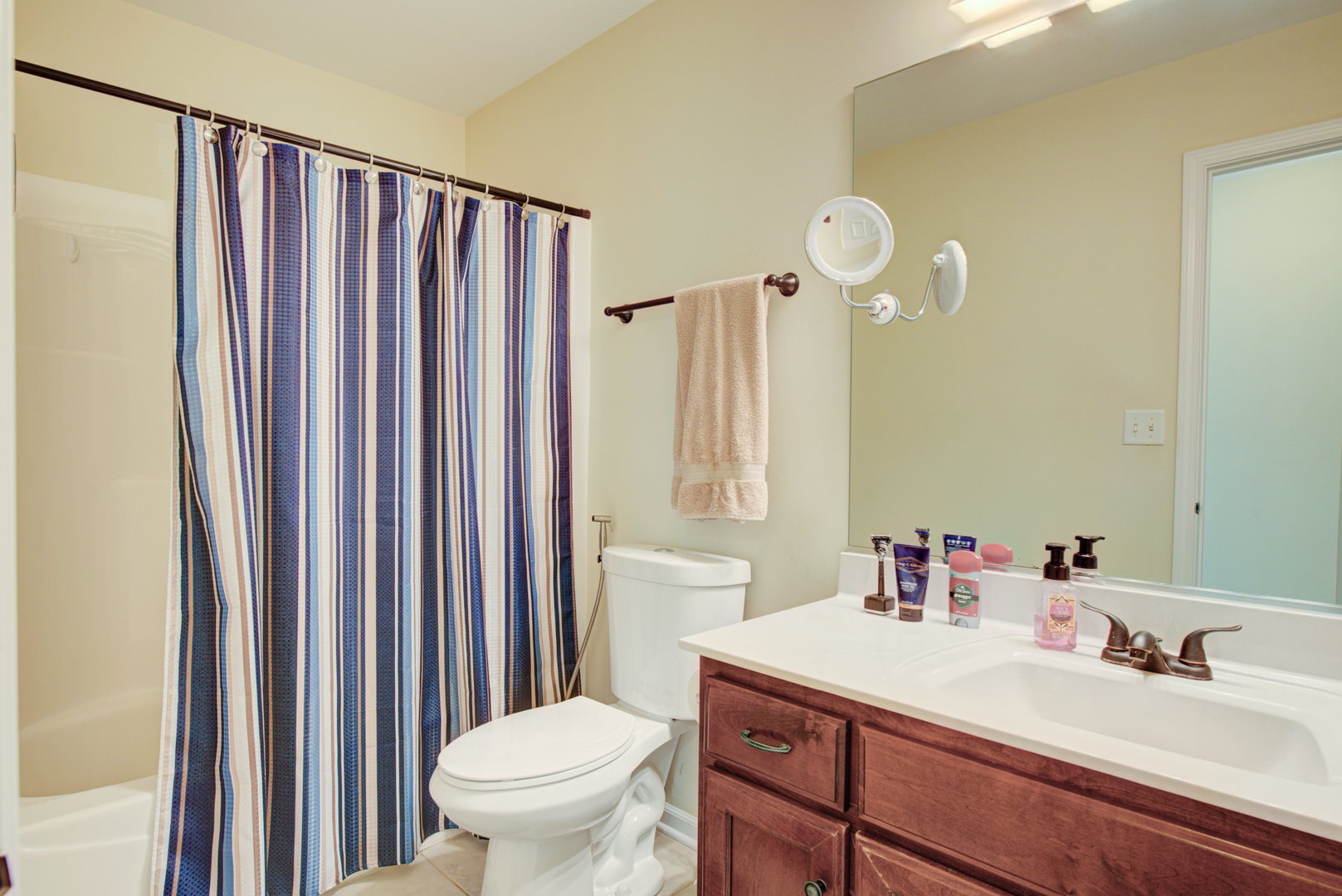 24520 Rockefeller Court Plainfield, IL 60544 - Photo 26 of 57 a bathroom with a sink a toilet a mirror and shower curtain