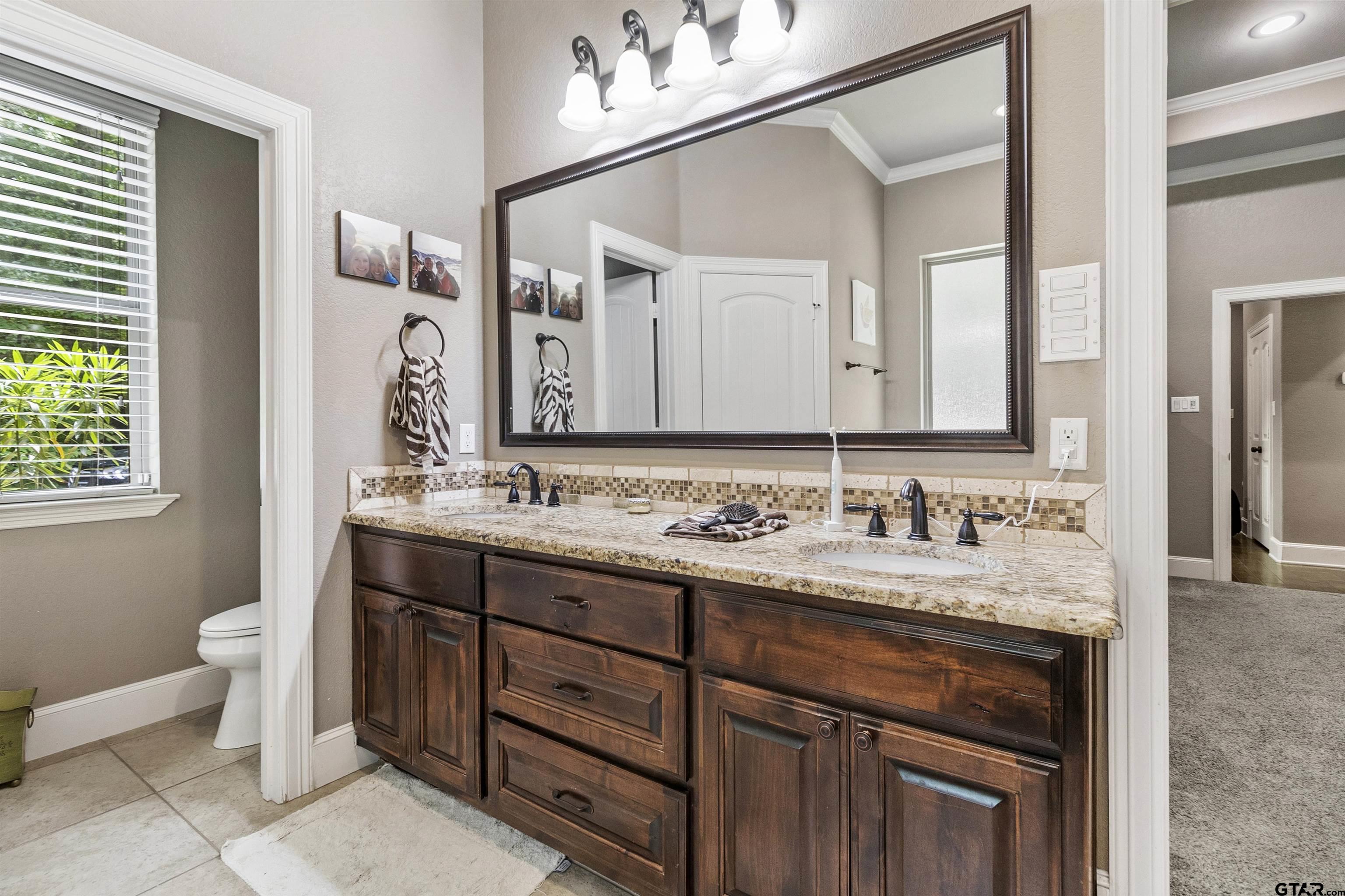 21755 Pagosa Ranch Road Bullard, TX 75757 - Photo 32 of 37 a bathroom with a granite countertop sink toilet and mirror