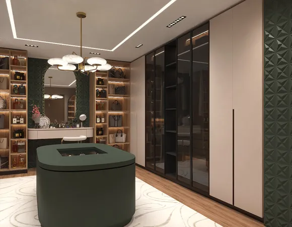 a kitchen with a refrigerator and cabinets