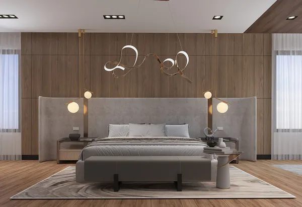 a bedroom with a bed lamp and a potted plant