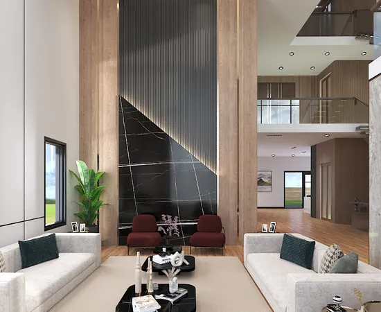 a living room with furniture and floor to ceiling windows