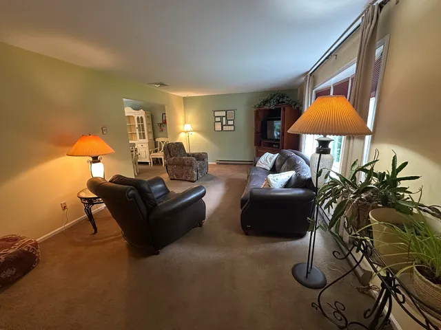 a living room with furniture and a lamp