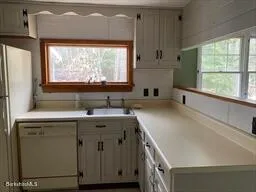 a kitchen with a sink a window and cabinets