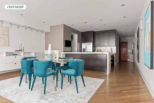 a view of a dining room with furniture