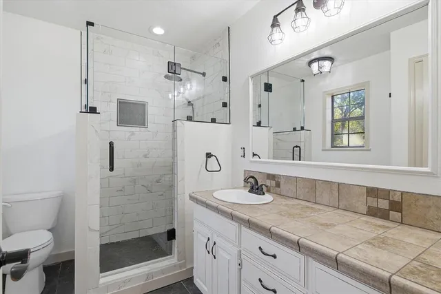 a bathroom with a granite countertop sink a toilet a mirror and shower