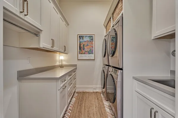 a view of a garage with storage