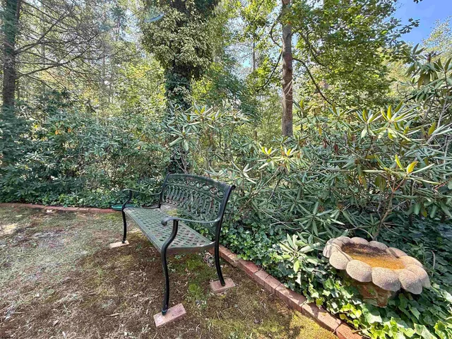 a view of a bench in a backyard
