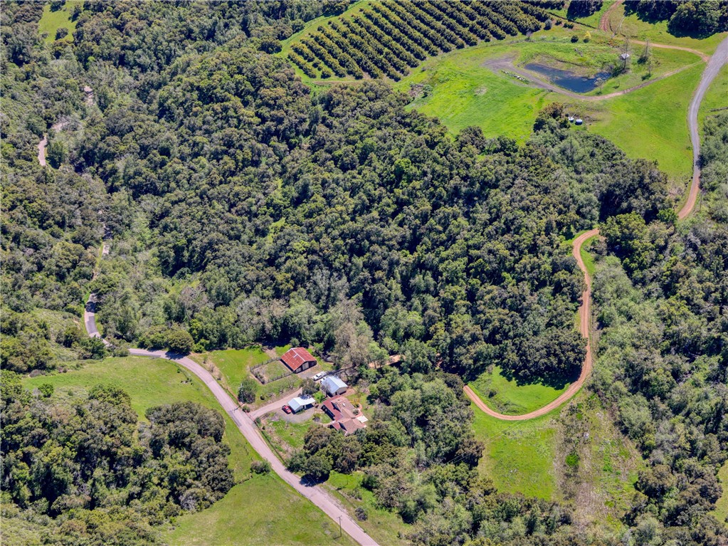 an aerial view of a house with a yard and garden