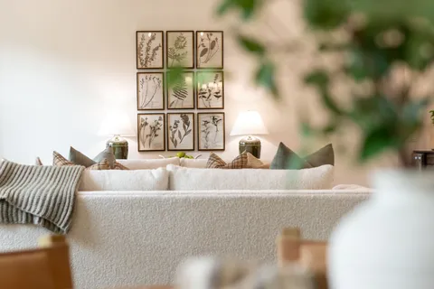 a living room with furniture and a potted plant
