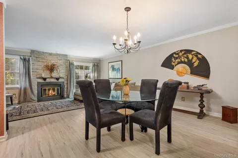 a view of a dining room with furniture wooden floor and chandelier