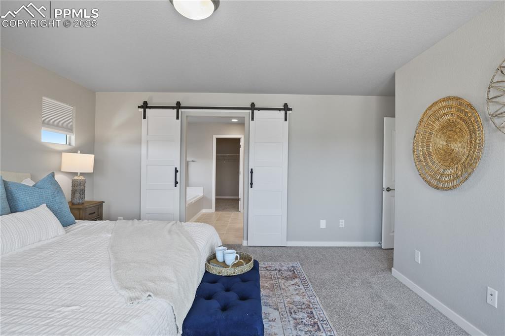 11848 Alydar Loop Colorado Springs, CO 80921 - Photo 29 of 50 Bedroom featuring a barn door, light carpet, baseboards, and a spacious closet