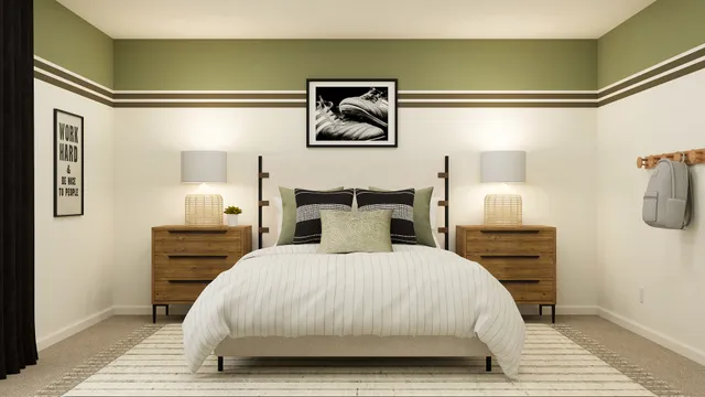 a bedroom with a bed and a painting on the wall