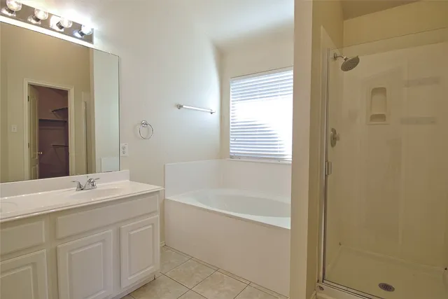 a bathroom with a sink double vanity mirror and a bathtub