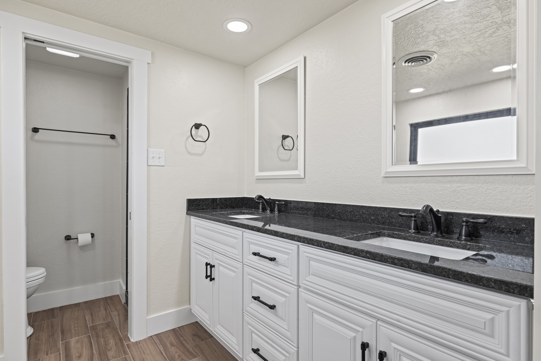 241 Highway 87 Comfort, TX 78013 - Photo 19 of 39 Full bathroom with wood tiled floors, double vanity, and recessed lighting
