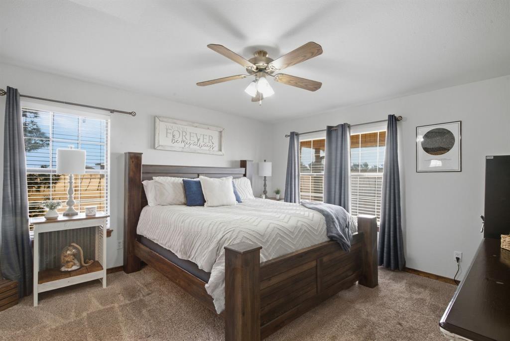 950 Johnson Bend Road Weatherford, TX 76088 - Photo 20 of 40 Carpet flooring, multiple windows, ceiling fan, and white painted walls