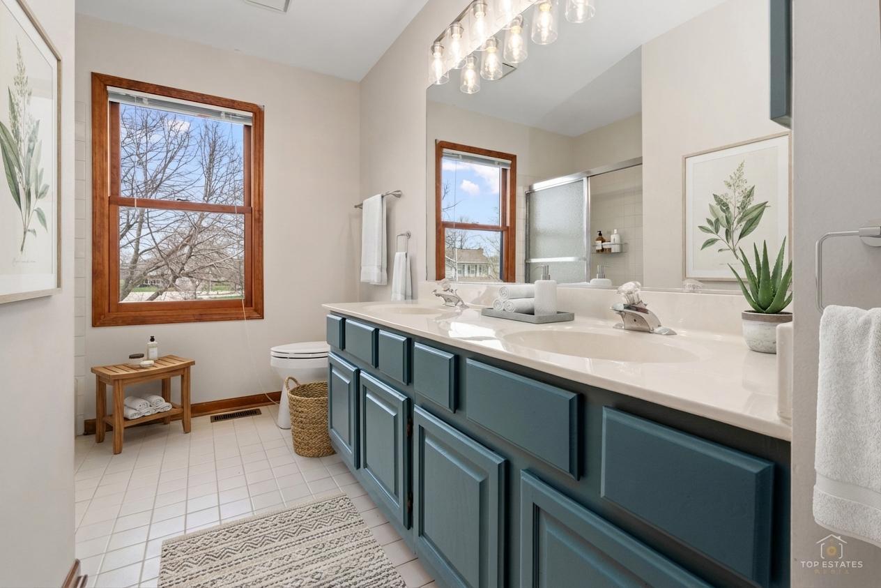 225 Fairway Drive Prospect Heights, IL 60070 - Photo 41 of 57 a bathroom with a double vanity sink a mirror and a bathtub
