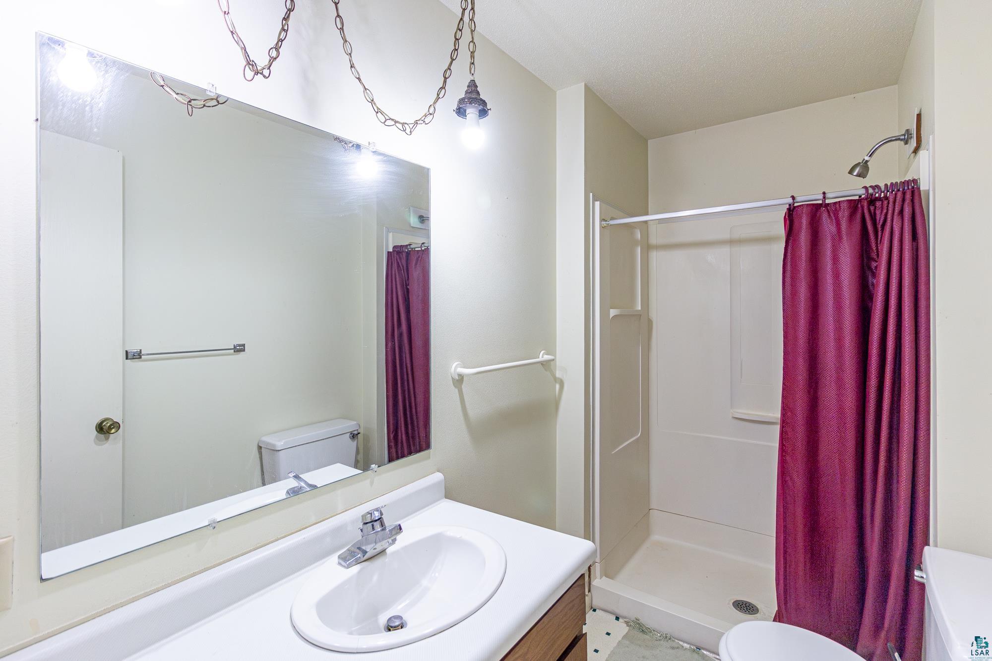 14687 North Country Road Ely, MN 55731 - Photo 20 of 44 Bathroom with vanity with extensive cabinet space, toilet, and a shower with shower curtain