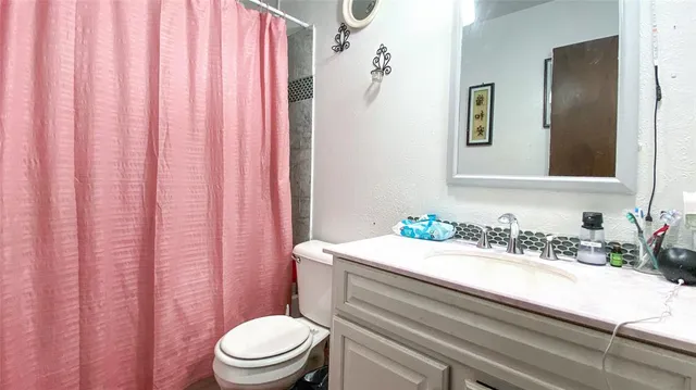 a bathroom with a sink a toilet and shower curtain