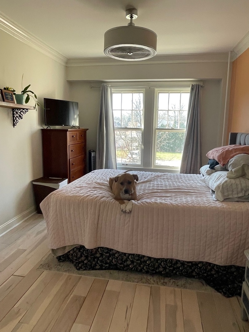 408 North Prairie Street, Unit 8 Champaign, IL 61820 - Photo 13 of 19 a bedroom with a bed and wooden floor