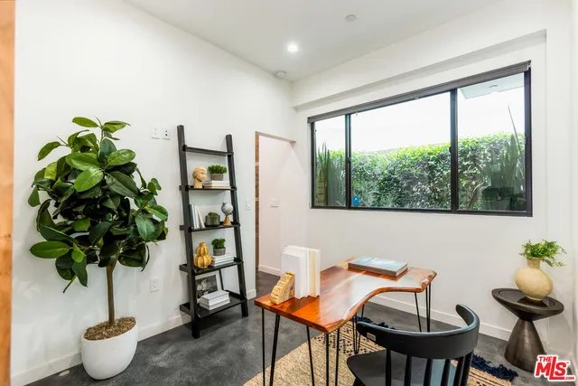 a living room with furniture potted plant and a large window