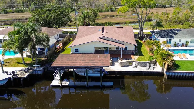 a view of a lake with a patio