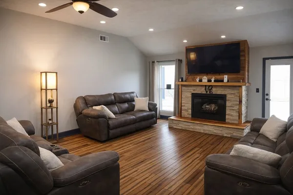 an empty room with a bench