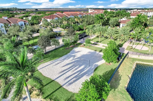 an aerial view of residential houses with outdoor space and street view