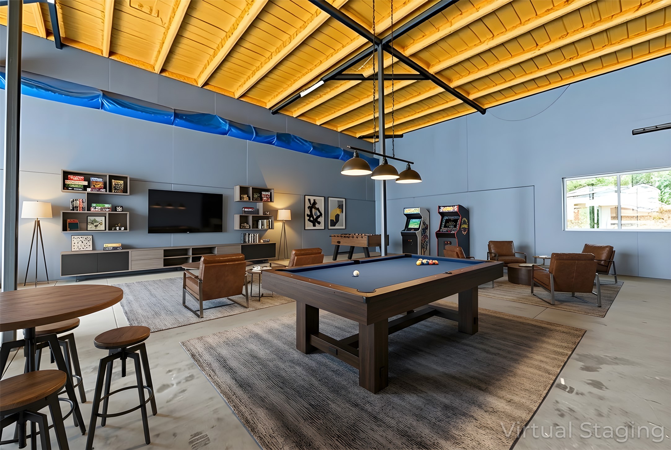 12302 Bethel Church Road Manchaca, TX 78652 - Photo 18 of 35 Virtually Staged lounge idea with towering ceiling, billiards table, with exposed beams