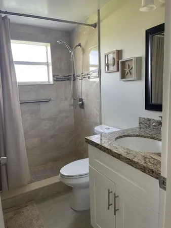 a bathroom with a granite countertop sink a toilet and shower