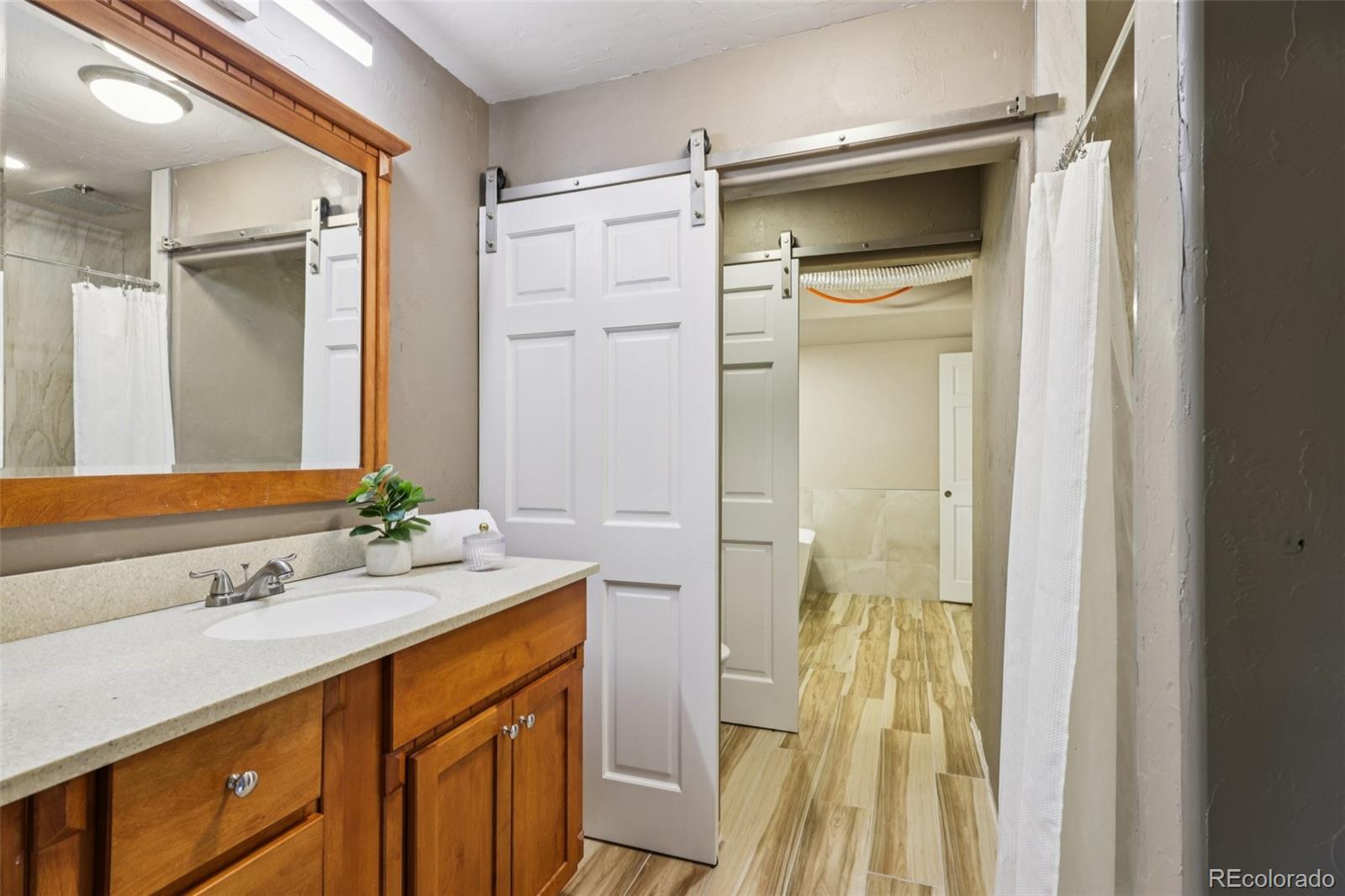 20033 Silver Ranch Road Conifer, CO 80433 - Photo 31 of 43 a bathroom with a sink a mirror and a shower