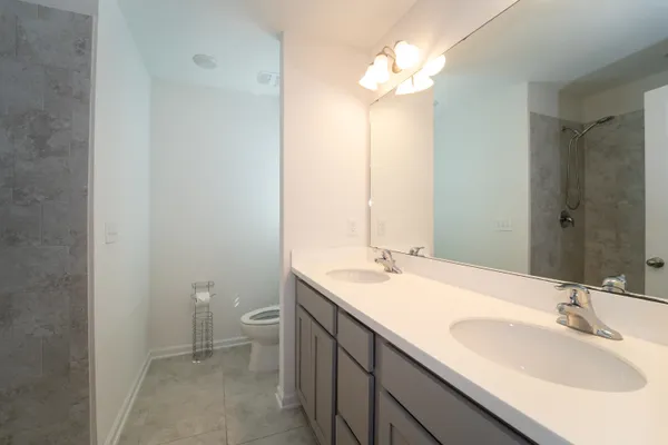 a bathroom with a double vanity sink toilet and a mirror