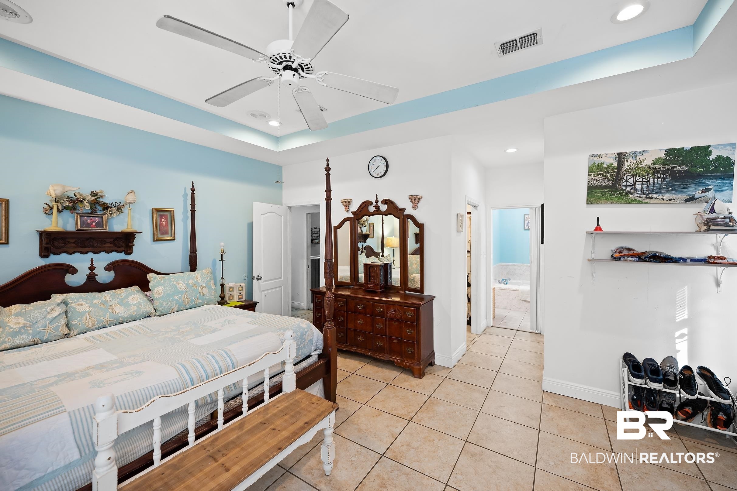 2674 Pine Ridge Drive Lillian, AL 36549 - Photo 10 of 42 Bedroom with tile patterned flooring, a ceiling fan, a raised ceiling, and recessed lighting