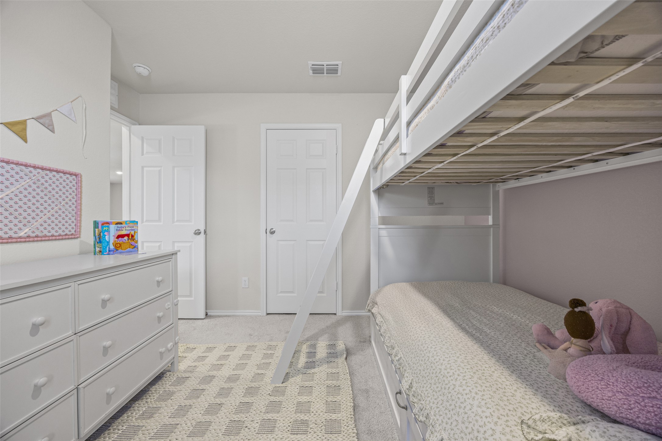 208 Orange Road Buda, TX 78610 - Photo 22 of 31 A well-lit bedroom features plush carpeting and a convenient bunk bed for flexible living arrangements.