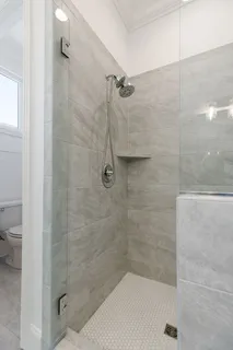 a bathroom with a shower and a toilet