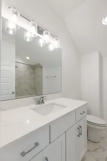 a bathroom with a sink a toilet and a mirror